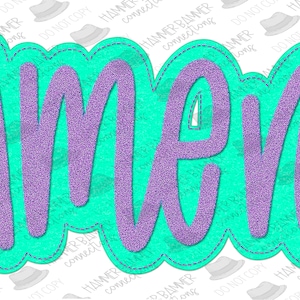 May include: Purple glitter lettering that says "Amen." The letters are outlined in a turquoise blue color and have a stitched border.