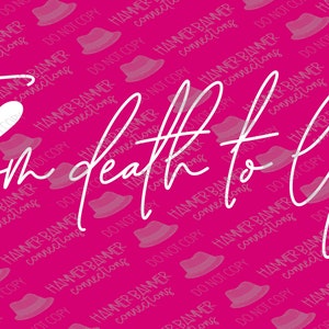 May include: A pink background with the words "From death to life" in a flowing white script. Two white heart shapes are placed near the text. The background has a repeating pattern of white hat shapes.