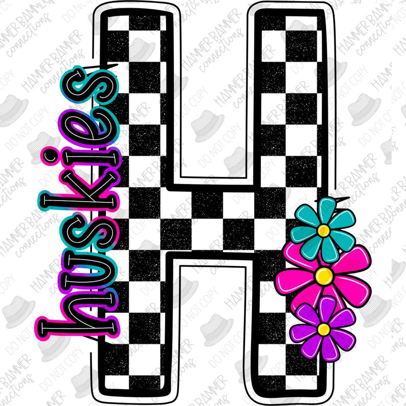 Husky M Lettering Huskies Mascot Checkered Floral, Digital, Design, Png, Sublimation, Dtf ...