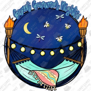 May include: A blue and white hammock with a pink and blue blanket inside, hanging between two tiki torches. The hammock is surrounded by a string of lights and fireflies. The text "Sweet Summer Nights" is written in a blue and white font at the top of the image.