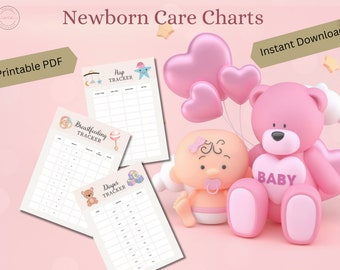 May include: Printable newborn care charts in PDF format. The charts include a nappy tracker, breastfeeding tracker, and nap tracker. The charts are decorated with cute illustrations of a teddy bear, a rattle, a star, and a baby.