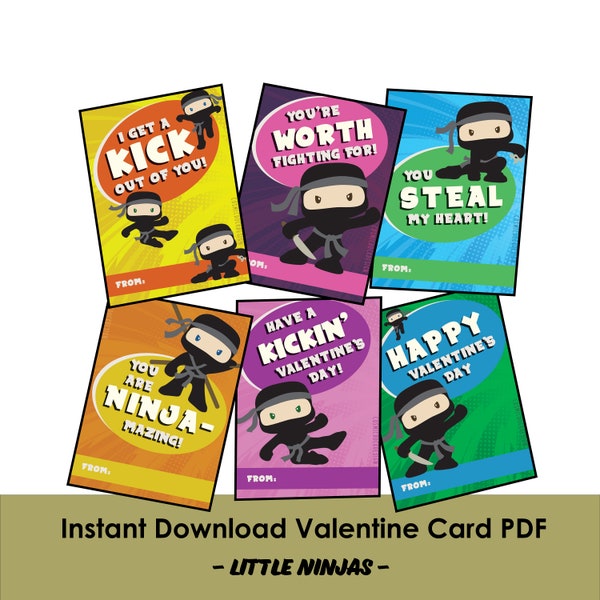 Little Ninjas - Valentine's Day Cards, Download Valentines, Instant Download, Classroom Valentine Cards for Kids