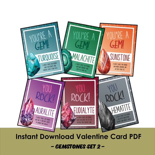 Crystals Gemstone Valentine- Valentine's Day Cards, Download Valentines, Instant Download, Classroom Valentine Cards for Kids - Pack 2