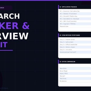 May include: A dark-themed digital Job Search Tracker & Interview Prep Kit 2026 Edition PDF. The layout features a list of career tools, an application tracker, a STAR method story bank, and an offer comparison table with white text on a dark background.