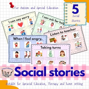 Può includere: Una raccolta di cinque storie sociali per l'autismo e l'educazione speciale. Ogni storia presenta illustrazioni colorate e testo semplice, che trattano argomenti come chiedere scusa, chiedere aiuto, gestire la rabbia, ascoltare gli insegnanti e fare a turno.