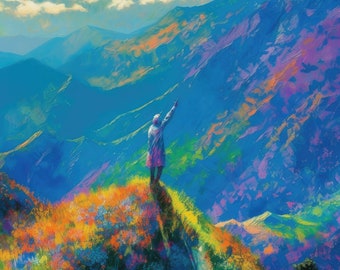 Rainbow Vistas: Vibrant Hill Artwork | Impressionist art | Yoga art | Mountain art