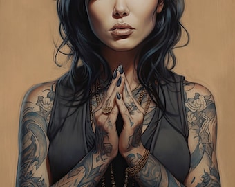 Praying Inked Beauty | tattooed woman, punk rock, emo girl, goth art, beautiful tattoo art, rebel girl, dark art piece, tattooed lady