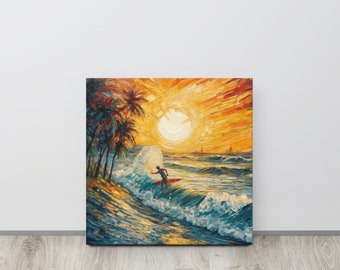 Riding the Sunset Swell: Acrylic Impasto Surfer Artwork with Vibrant Tropical Beach and Palm Trees Thin canvas