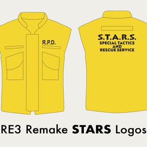 May include: A yellow vest featuring the text "R.P.D." on the front and "S.T.A.R.S. SPECIAL TACTICS AND RESCUE SERVICE" on the back. The vest has two front pockets and a collar. The text "RE3 Remake STARS Logos" is at the bottom.