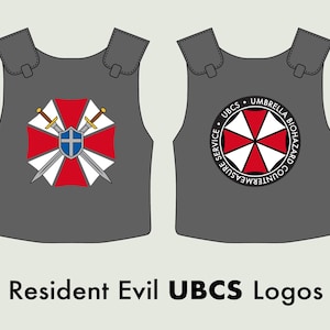 May include: Two gray vests with the Resident Evil UBCS logos. One vest features a red and white emblem with swords and a shield. The other vest has a circular logo with text and a red and white design.