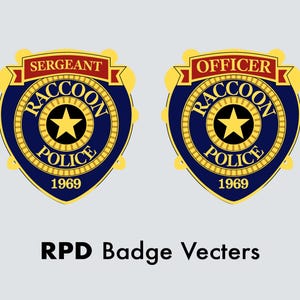 May include: Two Raccoon Police Department badges. One badge reads "Sergeant" and the other reads "Officer." Both badges are blue, gold, and red, with a star in the center and the year 1969 at the bottom. The text "RPD Badge Vectoers" is below the badges.