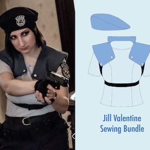 May include: A sewing pattern for a Jill Valentine costume from the Resident Evil video game series. The pattern includes a blue beret, a white shirt with blue shoulder pads, and a black belt.