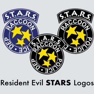 May include: Three Resident Evil game logos. Each logo is circular, featuring the text "S.T.A.R.S. RACCOON DEP POLICE" and three yellow stars. The text "Resident Evil STARS Logos" is below the logos. One logo is blue, two are black.