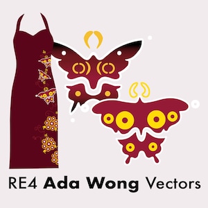 May include: A maroon halter dress featuring a vertical pattern of small yellow and white butterfly motifs, accompanied by two large, stylized maroon and yellow butterfly illustrations. The text RE4 Ada Wong Vectors appears at the bottom.