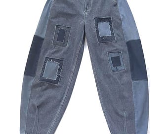 Upcycled Barrel Jeans with unique patch detail.