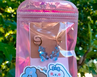 Handmade Golden Hoop Light Blue Gummy Bear Earring