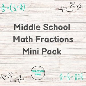 May include: A white wood background with a teal and black graphic of a math problem with fractions. The text "Middle School Math Fractions Mini Pack" is in black text. A teal circle with the text "Fraction Time" is in the bottom right corner.