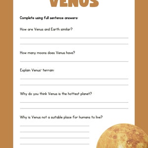 May include: A worksheet with the title "VENUS" in brown letters. The worksheet includes questions about Venus, such as its similarities to Earth, number of moons, and terrain. A detailed illustration of Venus is in the bottom right corner.