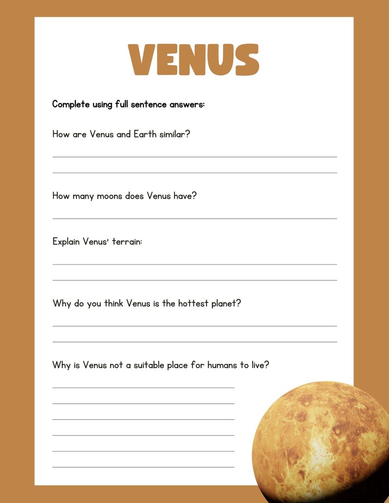 May include: A worksheet with the title "VENUS" in brown letters. The worksheet includes questions about Venus, such as its similarities to Earth, number of moons, and terrain. A detailed illustration of Venus is in the bottom right corner.