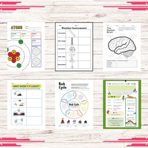 May include: A collection of educational worksheets on science topics, including atoms, weather instruments, the human brain, and the rock cycle. The worksheets feature diagrams and fill-in-the-blank sections. The text "WHY WON'T IT LIGHT?" is visible.