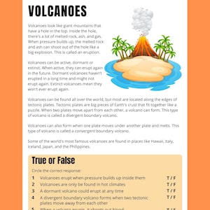 May include: Educational worksheet about volcanoes. The text explains what volcanoes are, their types, and where they are found. Includes a diagram of a volcano erupting on a small island with palm trees. A true or false section is at the bottom.