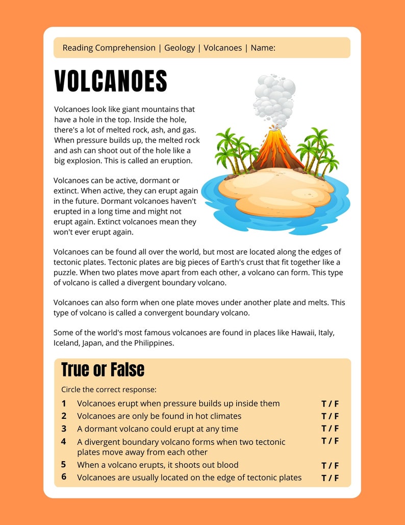 May include: Educational worksheet about volcanoes. The text explains what volcanoes are, their types, and where they are found. Includes a diagram of a volcano erupting on a small island with palm trees. A true or false section is at the bottom.