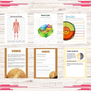 May include: Educational worksheets on a light wood background. The worksheets cover topics like the muscular system, plant cells, Earth's layers, and the planet Venus. One worksheet shows a third quarter moon diagram.