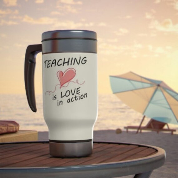 Stainless steel travel mug with handle, 14oz, Spill-proof snap-on cap
