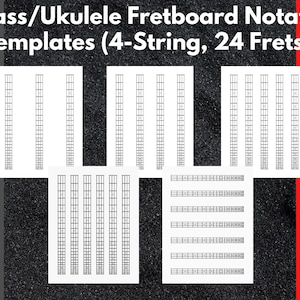 Könnte beinhalten: Fünf leere Griffbrettvorlagen für Bass oder Ukulele. Jede Vorlage hat 24 Bünde und vier Saiten. Die Vorlagen sind auf weißem Papier gedruckt.