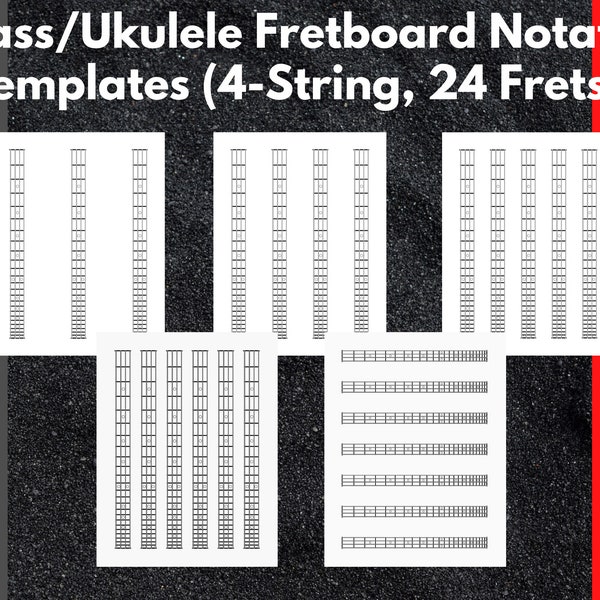 5 Printable 4 string Bass/Ukulele fretboard notation diagram templates for notating guitar chord notating guitar scale fretboard diagram