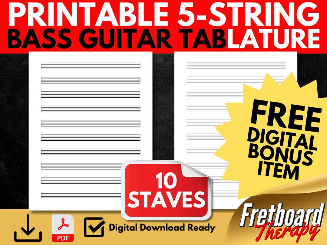Printable Blank 5-string Bass Guitar Tablature Notation 10 Staves for