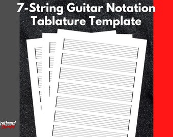 Afdrukbare blanco 7-snarige gitaartabulatuurnotatiesjabloon voor songwriters, studenten en docenten. Blanco tabbladpapier US Letter-formaat 8,5 "X11"