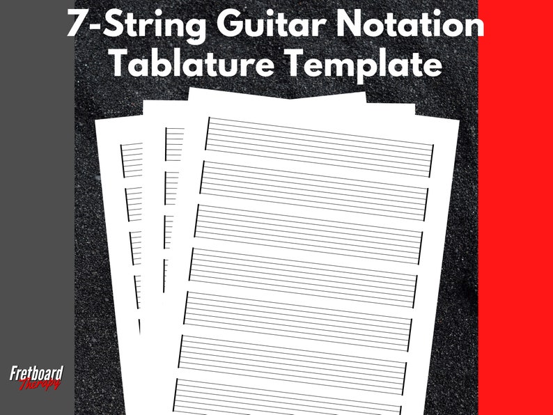 Printable Blank 7-String Guitar Tablature Notation Template For Songwriters, Student, and Teachers. Blank Tab Paper US Letter Size 8.5X11 zdjęcie 1