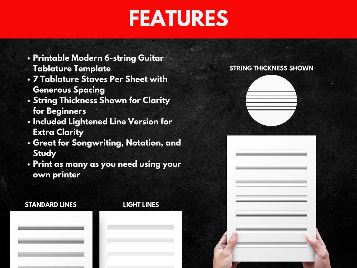 Printable Blank 6-string Guitar Tablature Notation 7 Staves for ...