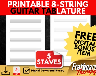 Printable Blank 8-String Guitar Tablature Notation 5 Staves For Songwriters, Students, and Teachers Blank Tab Paper US Letter A4 Light Lines