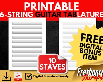 Printable Blank 6-String Guitar Tablature Notation 10 Staves For Songwriters, Students, and Teachers Blank Tab Paper US Letter A4 Light Line