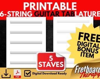 Printable Blank 6-String Guitar Tablature Notation 5 Staves For Songwriters, Students, and Teachers Blank Tab Paper US Letter A4 Light Lines