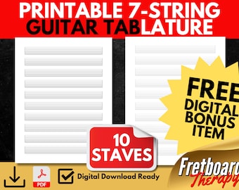 Printable Blank 7-String Guitar Tablature Notation 10 Staves For Songwriters, Students, Teachers Blank Tab Paper US Letter A4 Light Lines