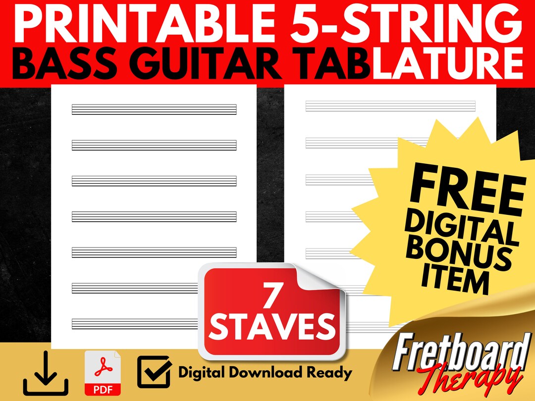 Printable Blank 5string Bass Guitar Tablature Notation 7 Staves for