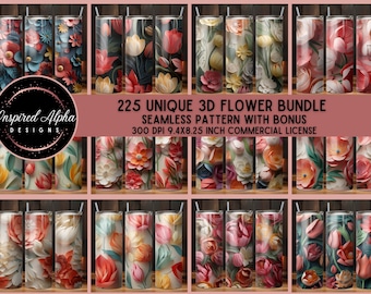 225 3D Floral Tumbler Wraps Mega Bundle - High Resolution PNG Files - Seamless Sublimation Designs - Instant Download - Commercial Use