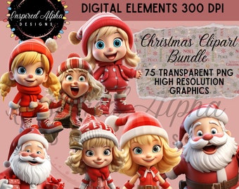 Christmas Clipart Bundle: 75 PNG Santa, Elves, Reindeer (Digital Download)