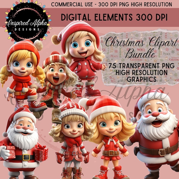 Digital Christmas Clipart Bundle 75 PNG Files of Santa's, Elves, Reindeer, Snowmen, Mr & Mrs. Clause and more, Commercial License