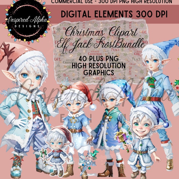 Watercolor Christmas Clipart Bundle, 40+ PNG Files Jack Frost Inspired Elves, Commercial License