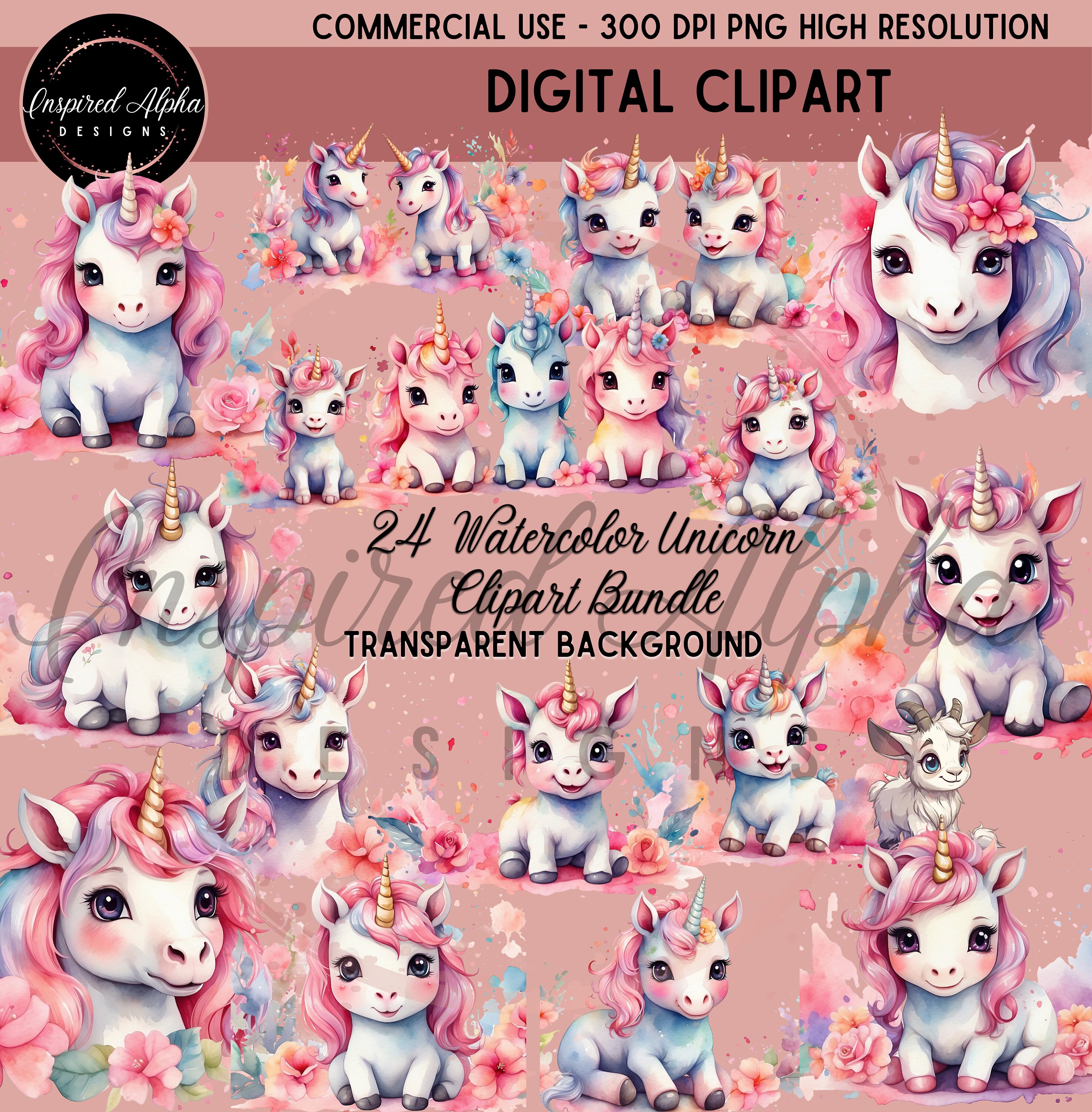 Watercolor Unicorn Clipart Bundle - 24 Designs, Commercial Use, Instant ...