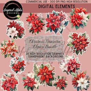 Watercolor Christmas Poinsettia Clipart Bundle - 24 Unique Designs, High-Resolution PNG, Instant Download, Commercial Use