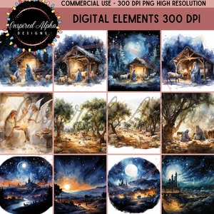 May include: A set of 10 digital watercolor illustrations depicting scenes from the Christmas story. The illustrations include a stable with a manger, a star in the sky, angels, shepherds, and a city in the distance. The illustrations are perfect for creating cards, invitations, or other holiday crafts.