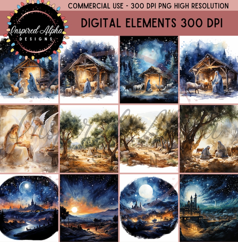 May include: A set of 10 digital watercolor illustrations depicting scenes from the Christmas story. The illustrations include a stable with a manger, a star in the sky, angels, shepherds, and a city in the distance. The illustrations are perfect for creating cards, invitations, or other holiday crafts.