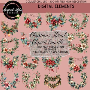 Christmas Watercolor Floral & Garland Bundle - 100 Unique Designs, Transparent Background, High-Quality PNG, Instant Download Commercial Use