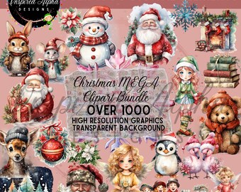 1000+ Watercolor Christmas Clipart Mega Bundle: Santa, Snowman, Elves, Deer, Bears, Gnomes and More, Perfect for Crafters & Scrapbookers