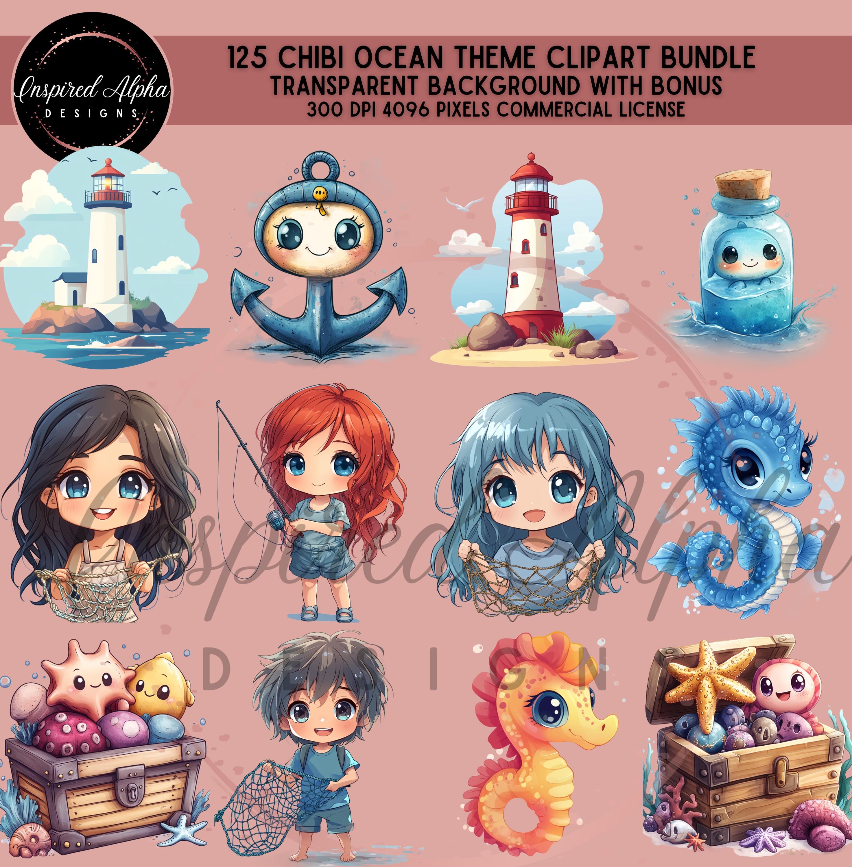 125 Chibi Ocean Clipart Bundle: Sea Creatures & Mermaids (commercial ...